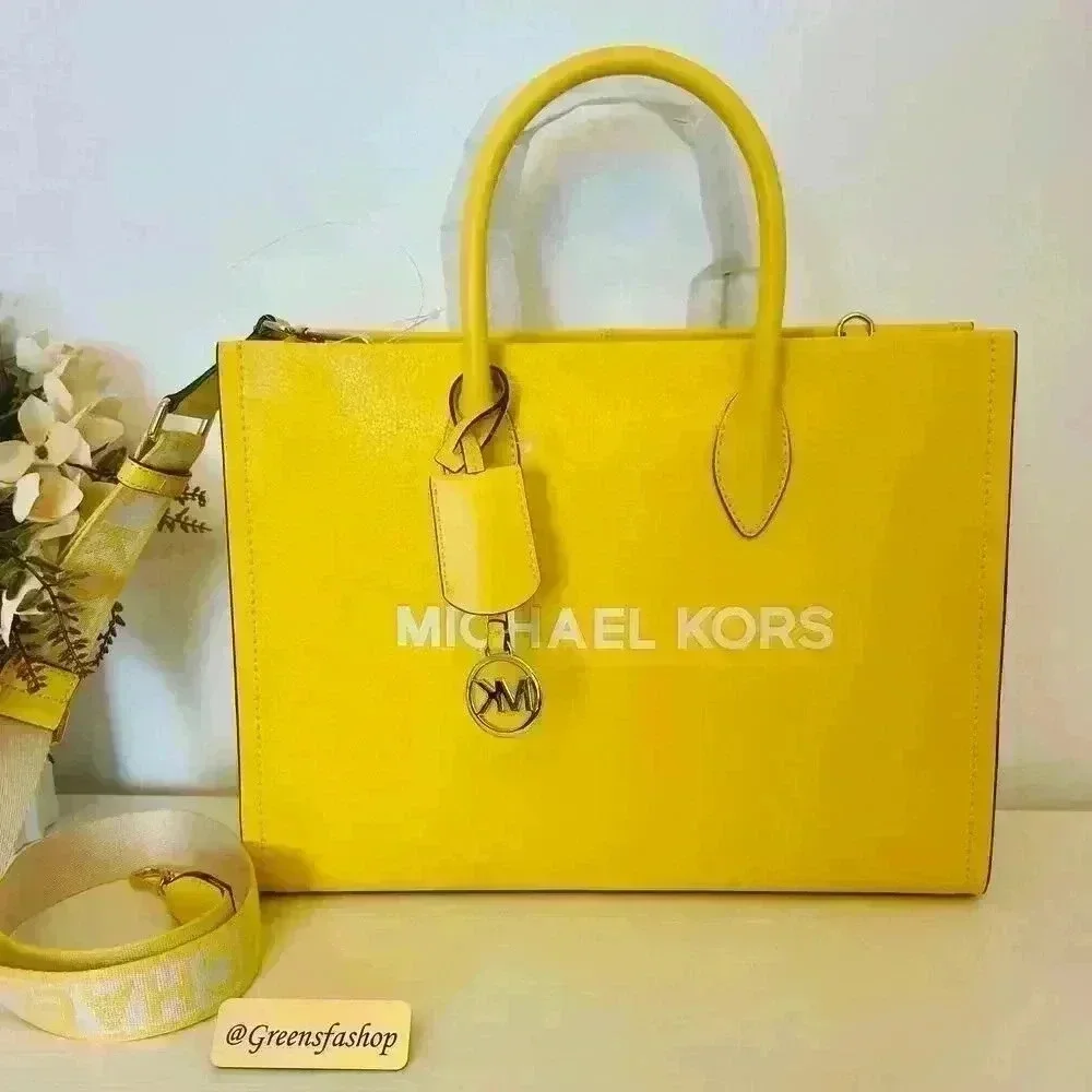 Michael Kors Medium Mirella Leather Tote Shoulder Purse Golden Yellow - Picture 2 of 9